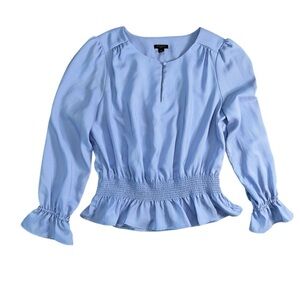 Ann Taylor Petite Peplum Blouse Ruffle Sleeve Womens Size LP Blue Career Office